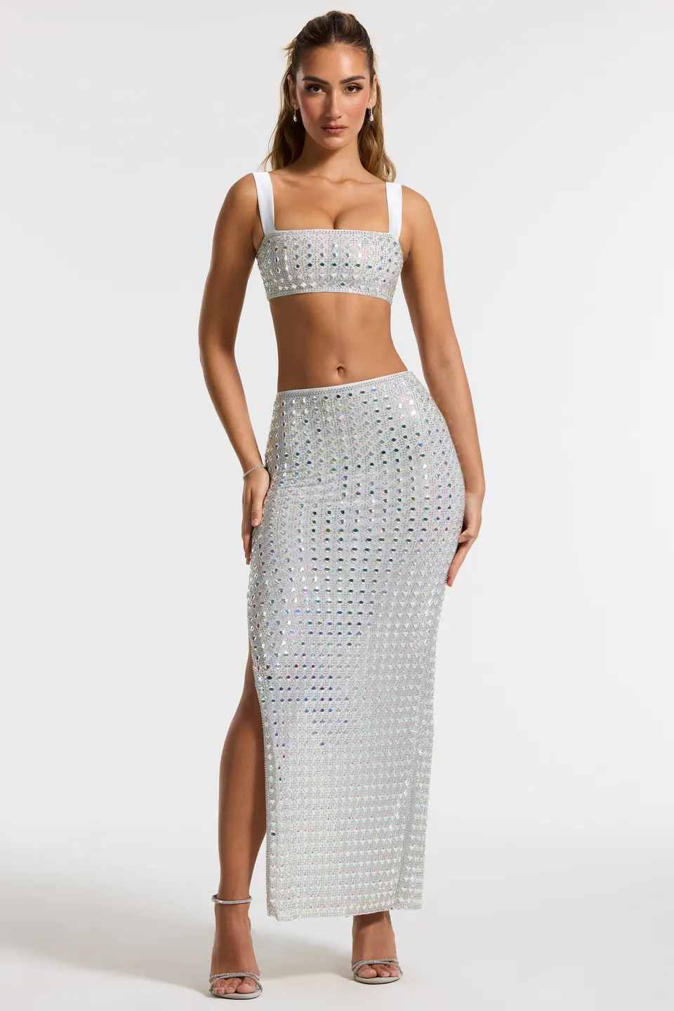 Oh Polly Embellished Siona jupe maxi argent strass fendue