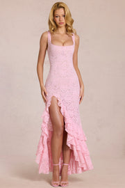 Oh Polly Celira robe longue dentelle rose blossom fente cuisse