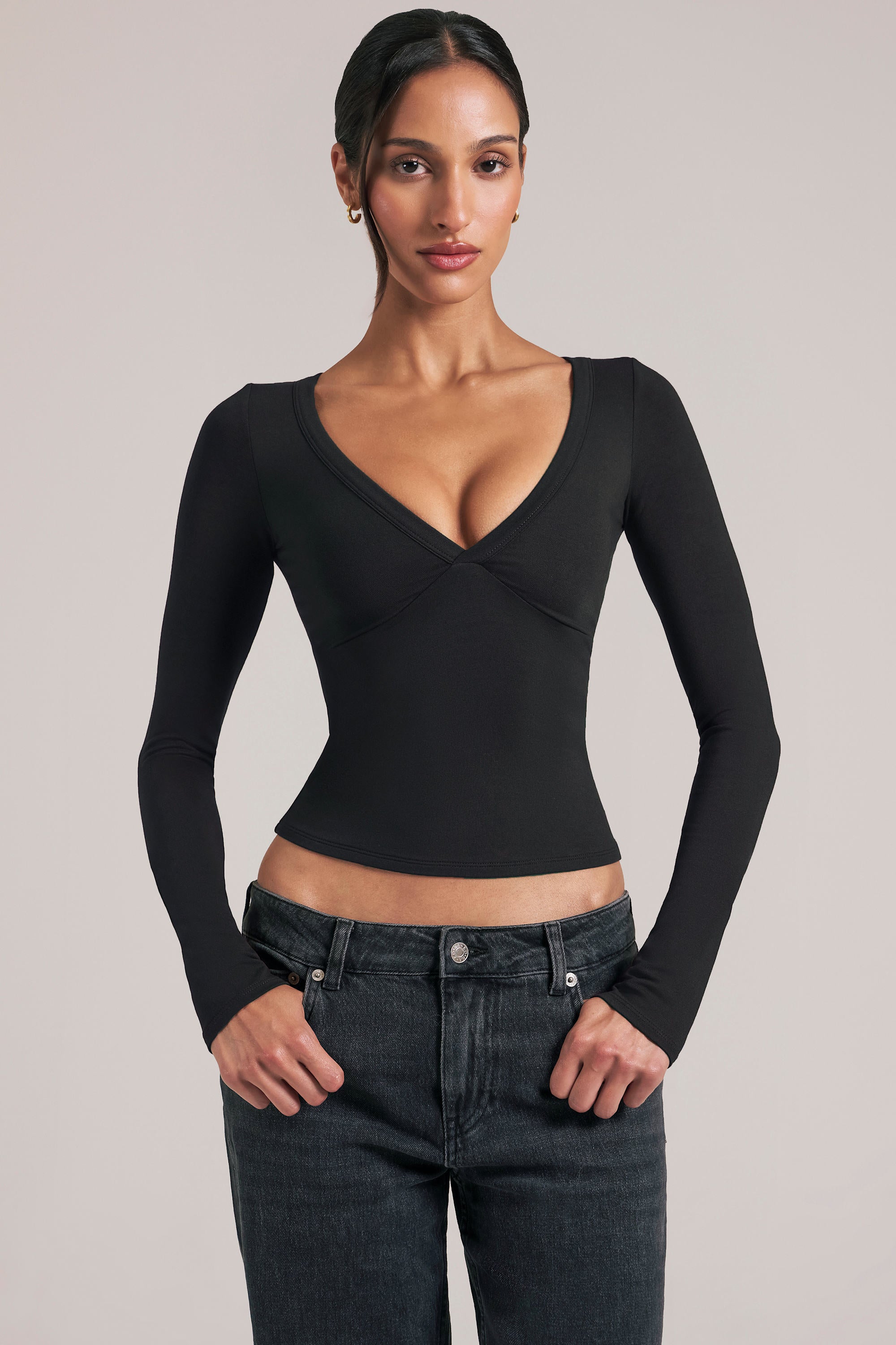 Oh Polly Tops 15988 top noir col V manches longues