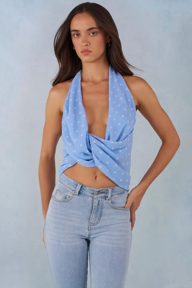 Oh Polly Tops 15993 top licou bleu pois plongeant