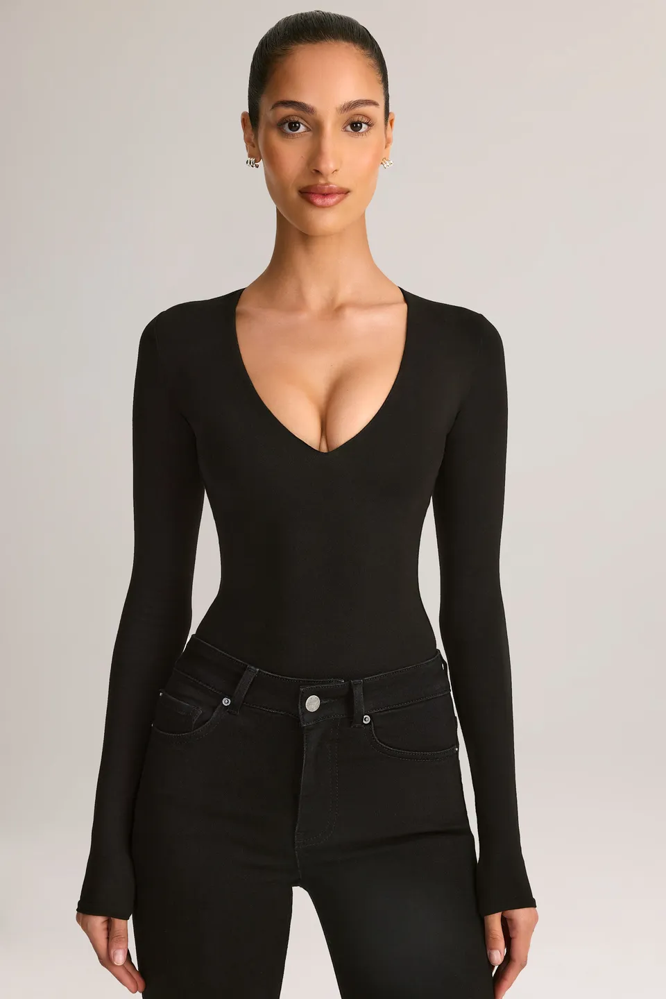 Oh Polly Elodie bodysuit noir modal col plongeant manches longues