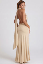 Oh Polly Navina robe maxi jersey champagne dos nu fendue