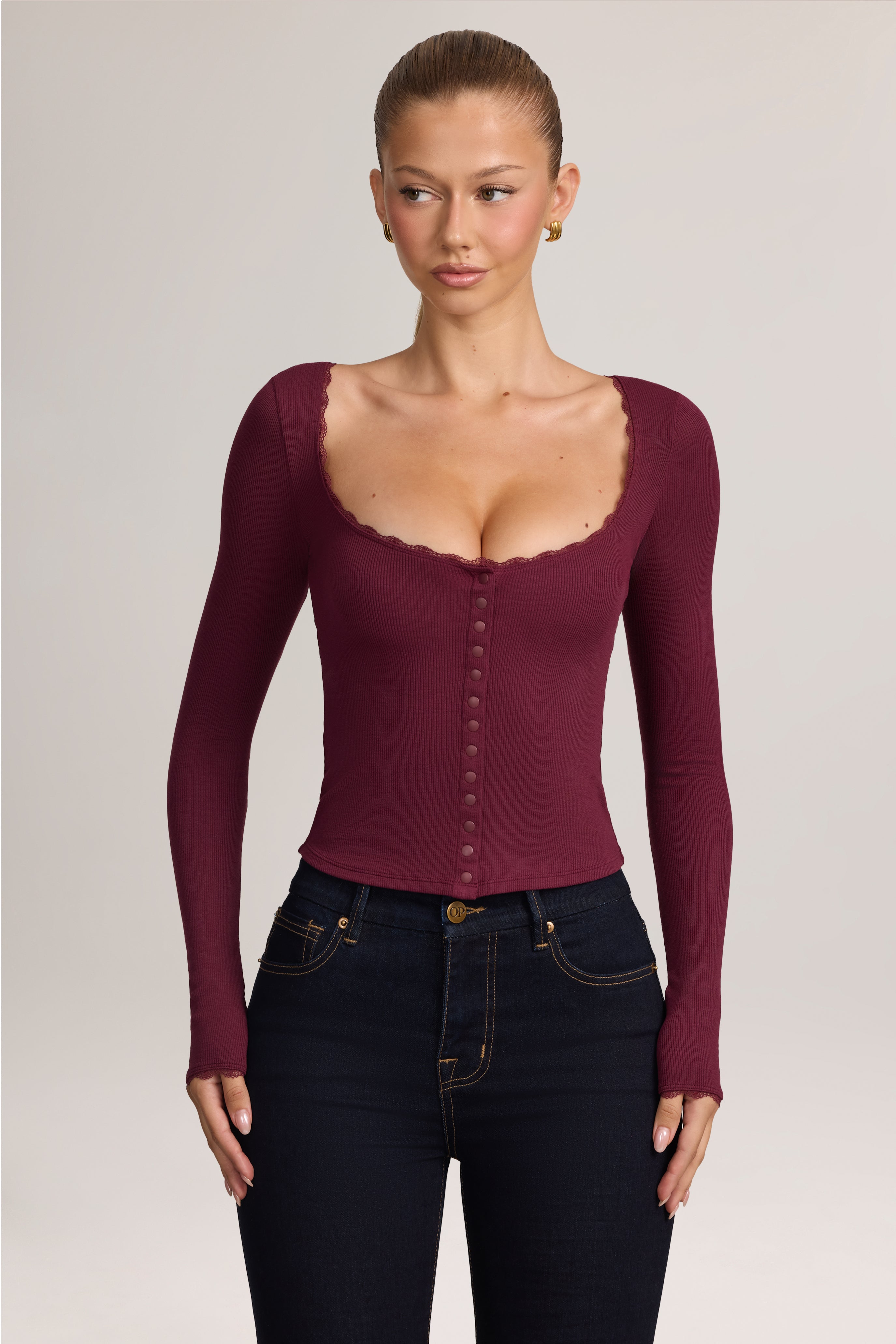 Oh Polly Nalah cardigan modal dentelle maroon red S