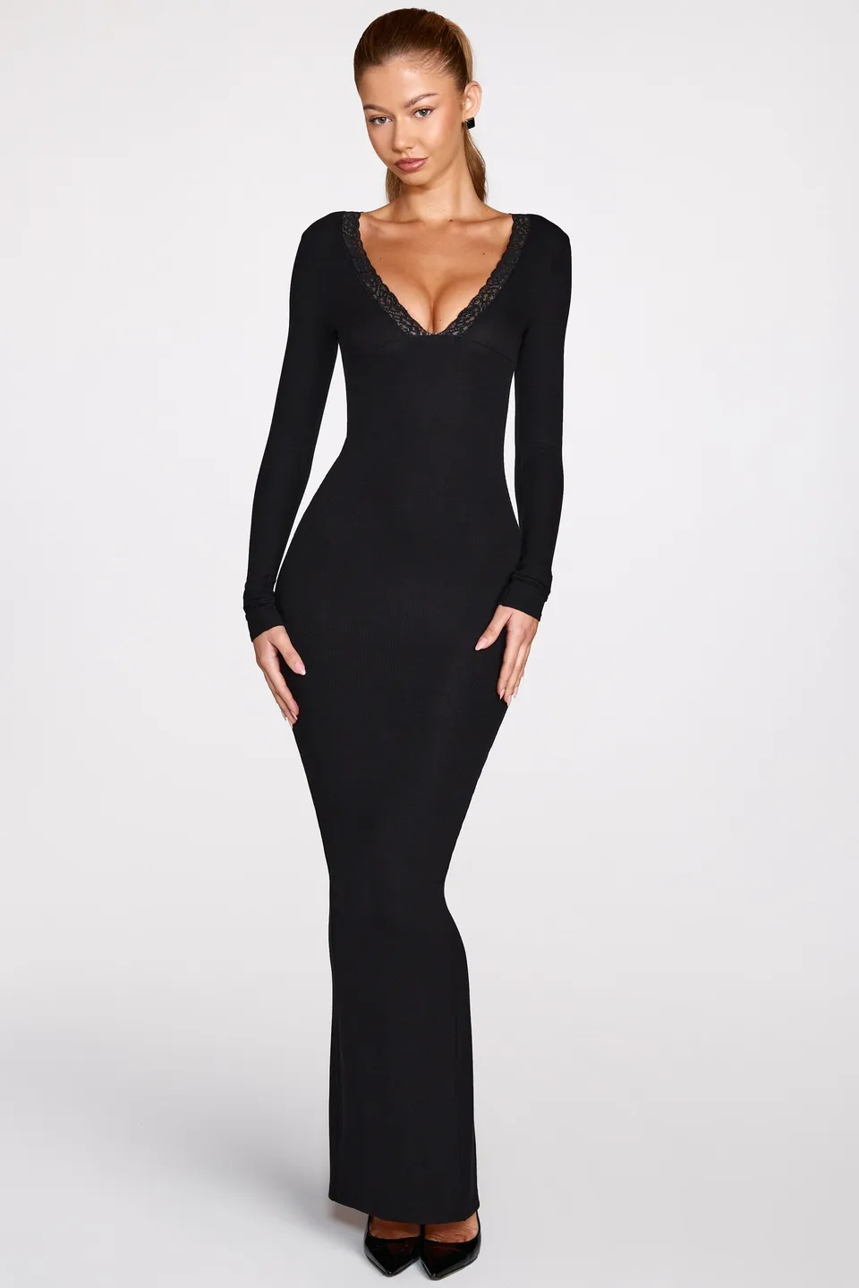 Oh Polly Noa Robe Maxi Noire Manches Longues Modal