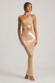 Oh Polly Isabel 7124 Robe Maxi Camel Paillettes Une Épaule