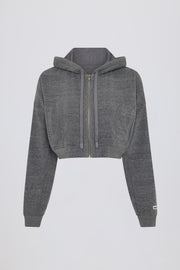 Oh Polly sweat gris foncé zip hoodie court coton