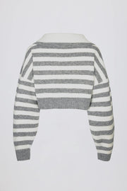 Oh Polly Pull Soft Knit Cropped gris rayé col double