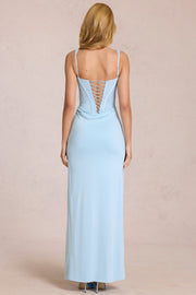 Oh Polly Zalia robe longue dentelle bleu poudre fendue