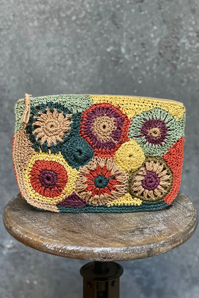 CHICOSOLEIL Kokomo pochette raffia fleurs multicolores zip