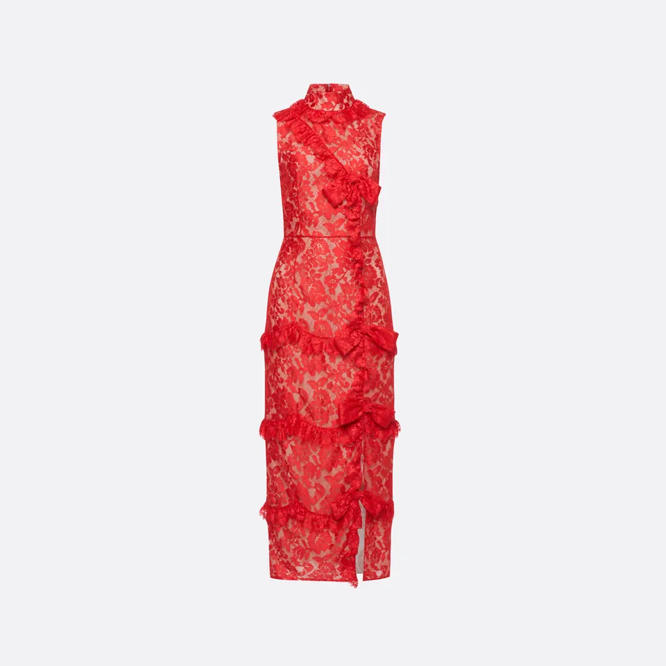 Alessandra Rich Dresses Lace Robe dentelle rouge col montant