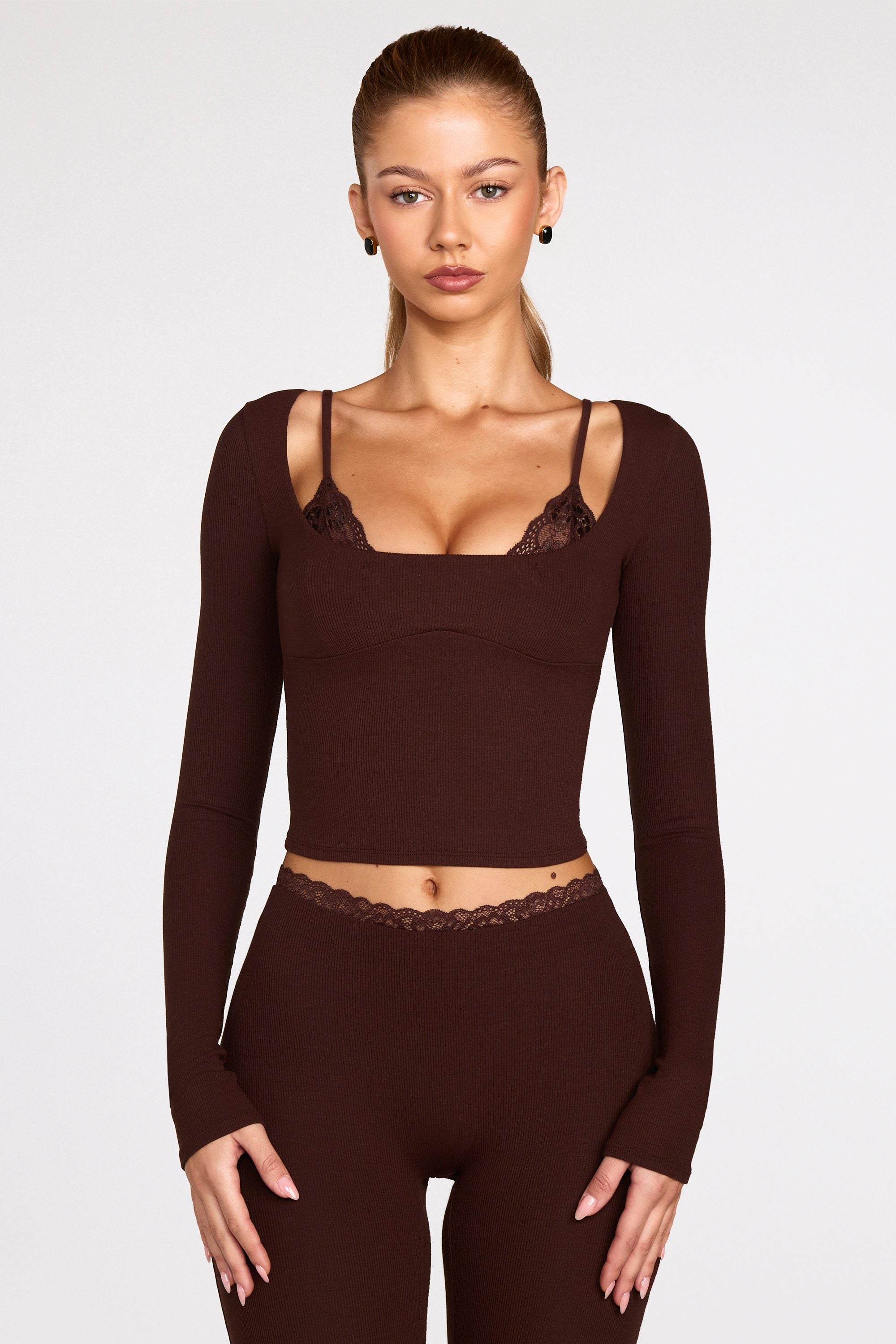 Oh Polly Base Layers Margaux 15823 top manches longues marron dentelle