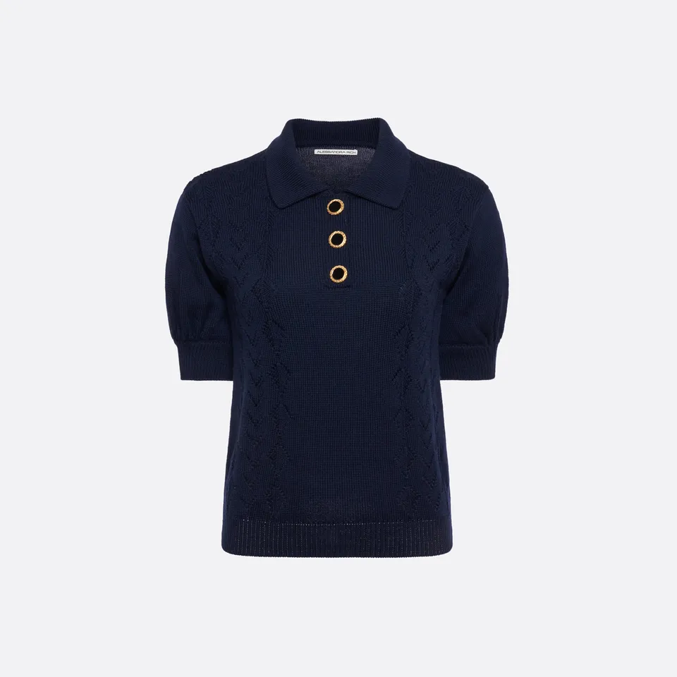 Alessandra Rich Knitwear polo dentelle laine bleu marine 36-46