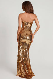 Oh Polly Nottola robe maxi bustier dorée sequins 3D