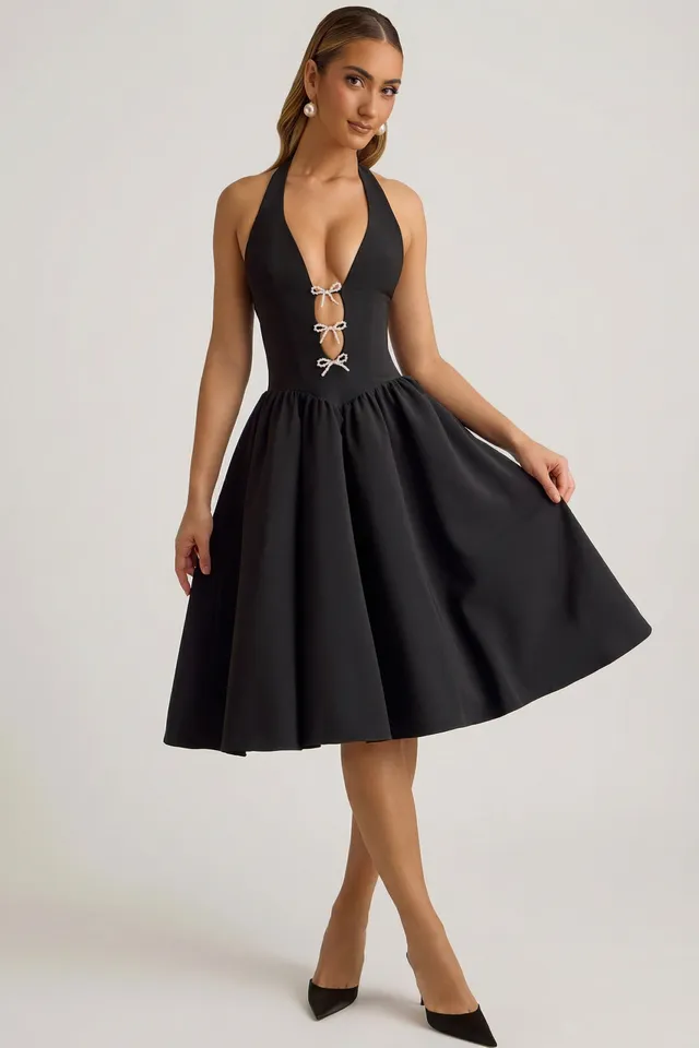 Oh Polly Angelina Robe Midi Licou Noire Black Nœuds