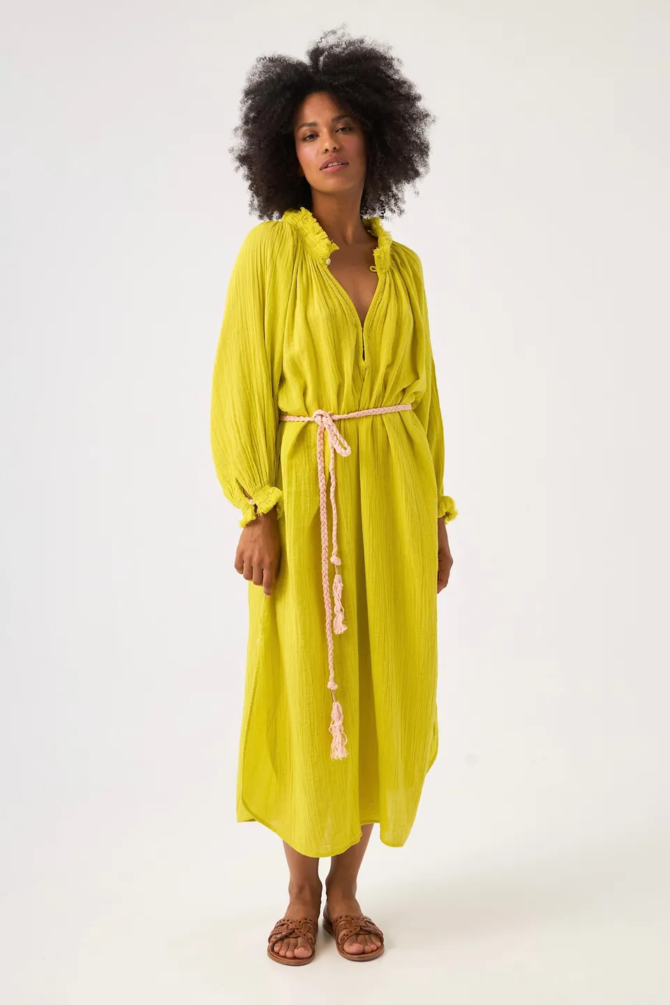CHICOSOLEIL Marigold robe longue jaune gaze de coton poches