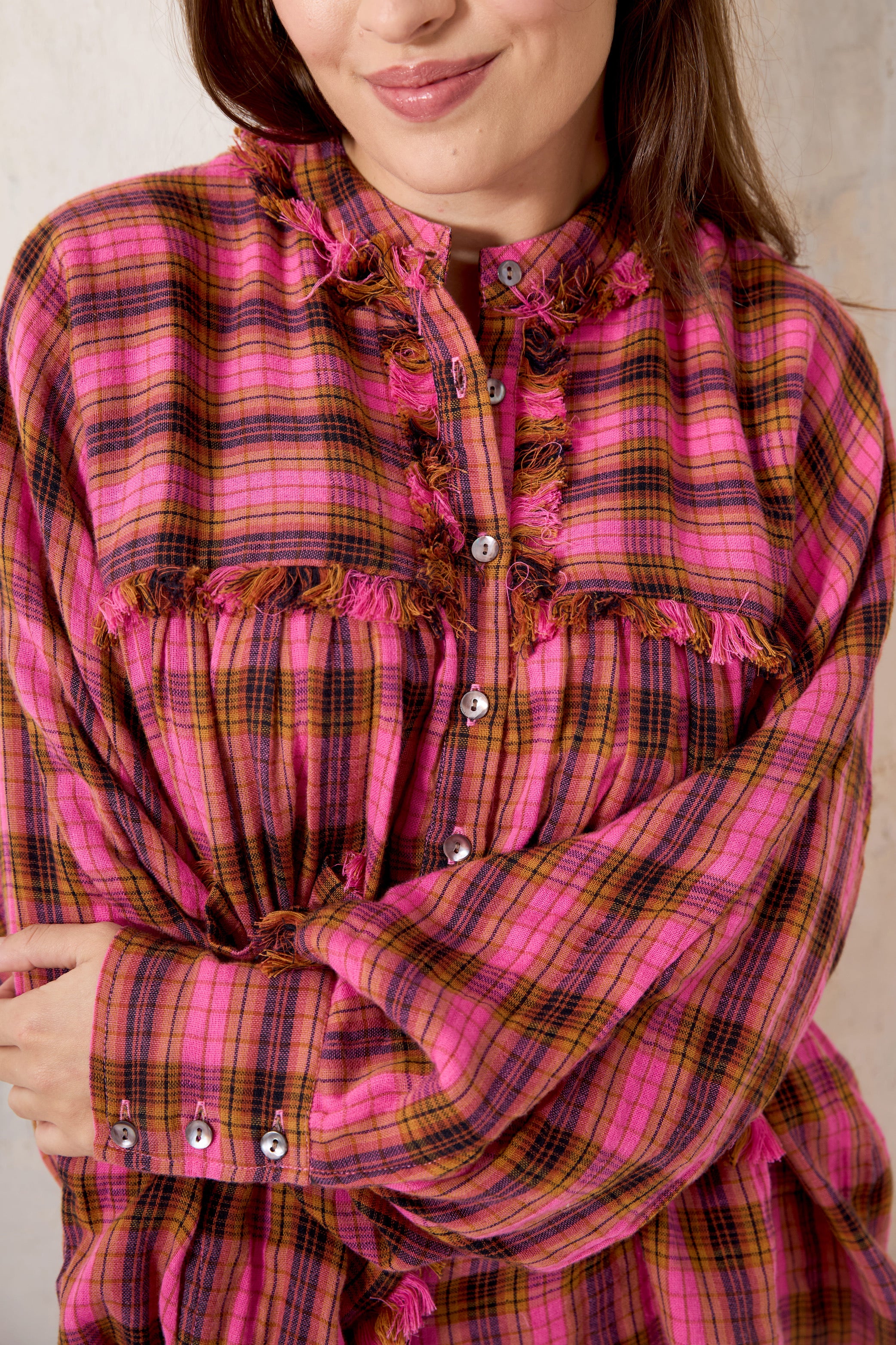 CHICOSOLEIL GOYA chemise pink check coton franges
