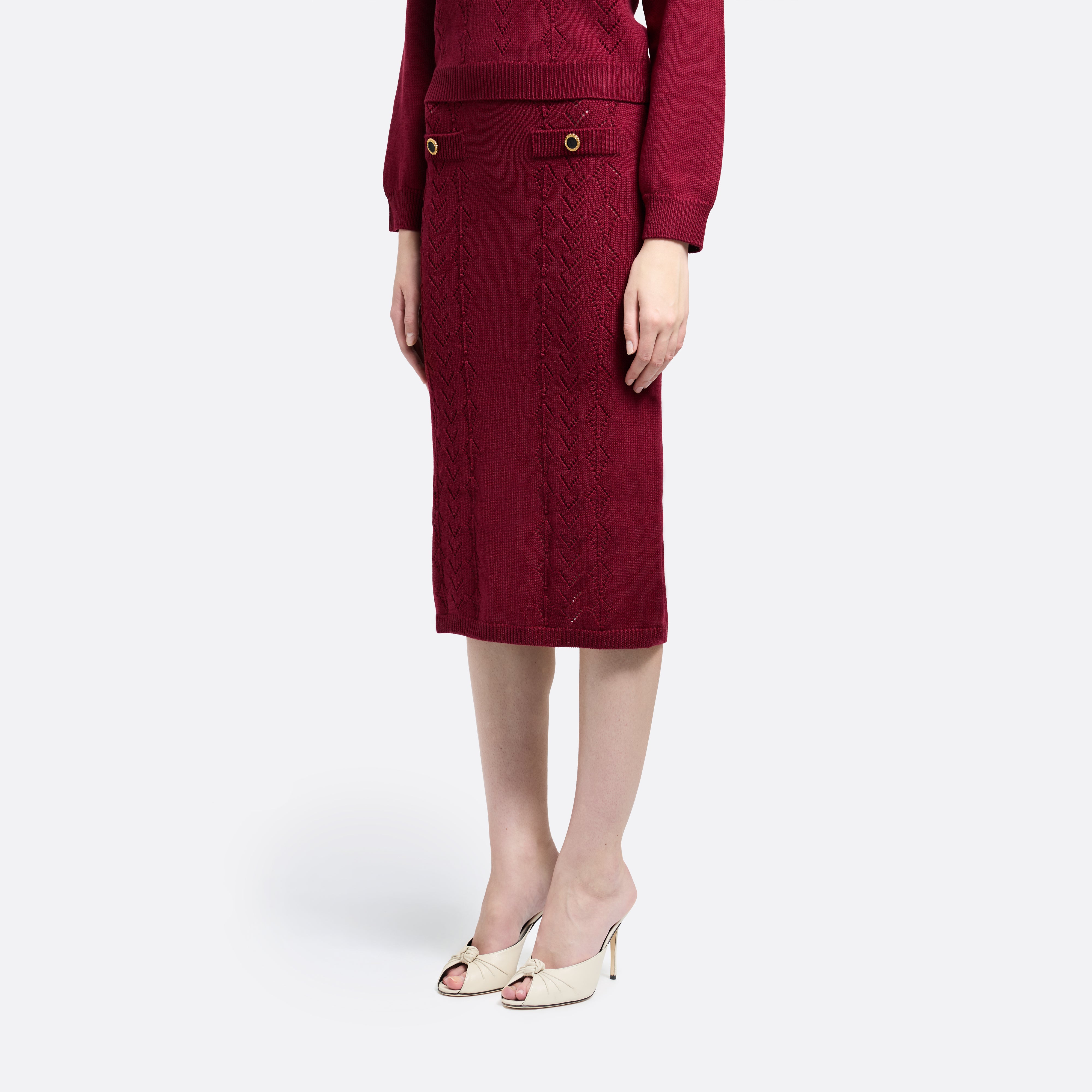 Alessandra Rich Merino Wool Lace-Knit Midi Skirt jupe bordeaux 36