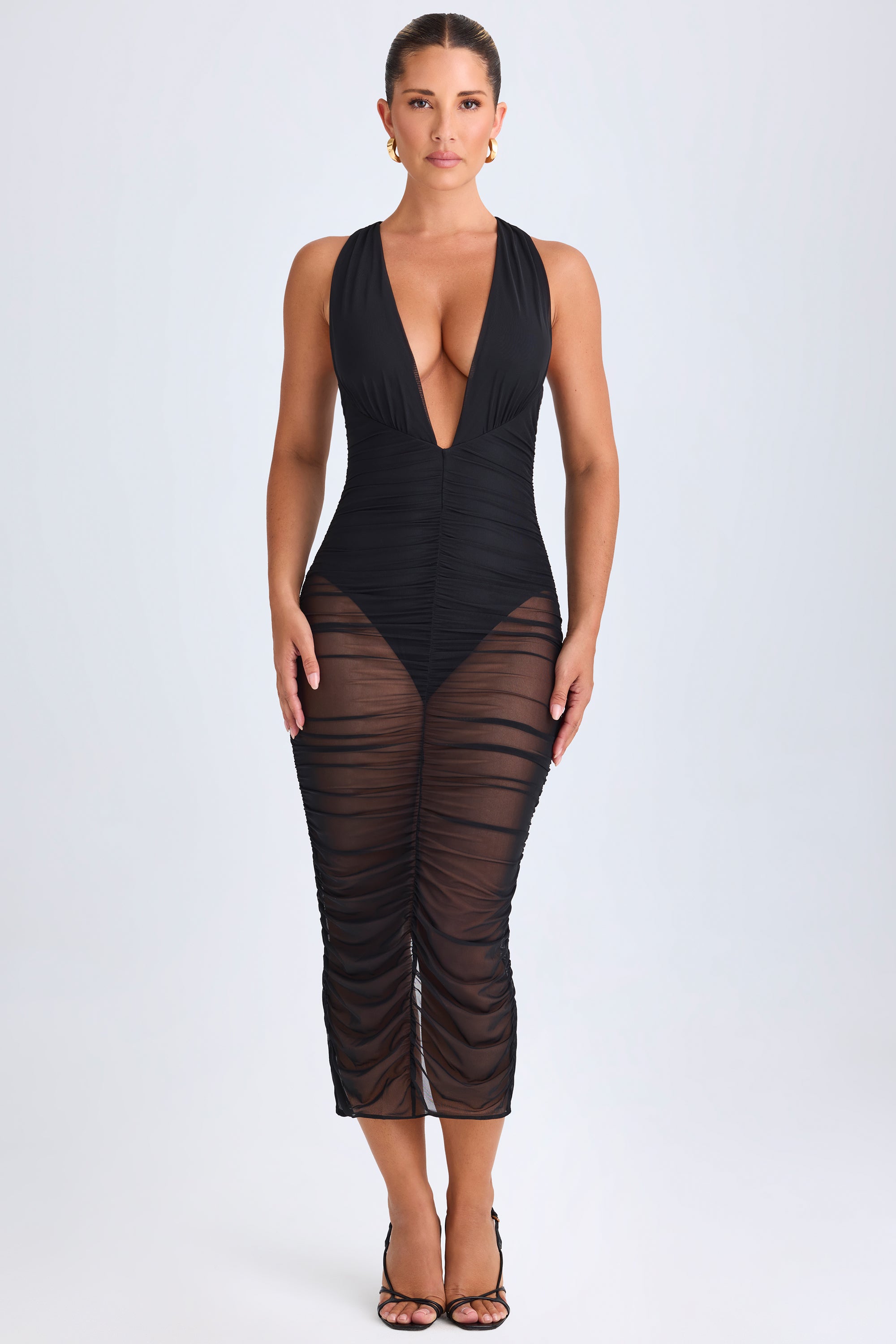 Oh Polly Safira robe midaxi noire décolleté ruchée
