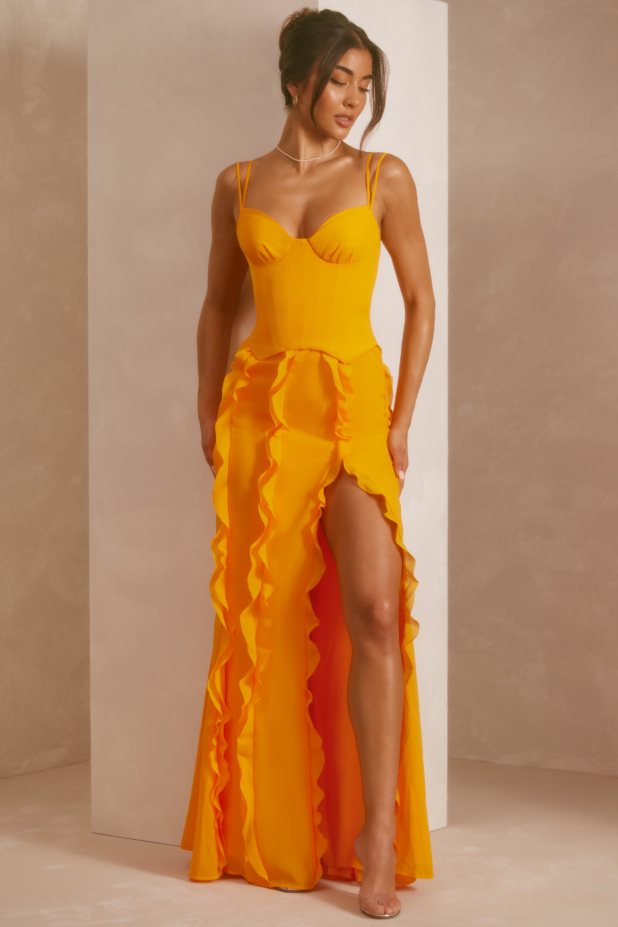 Oh Polly Perrine 6917 robe maxi tangerine corset satin