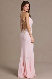Oh Polly 15978 robe longue rose baby chiffon fendue