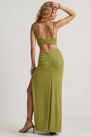 Oh Polly Imara robe maxi vert olive asymétrique fente