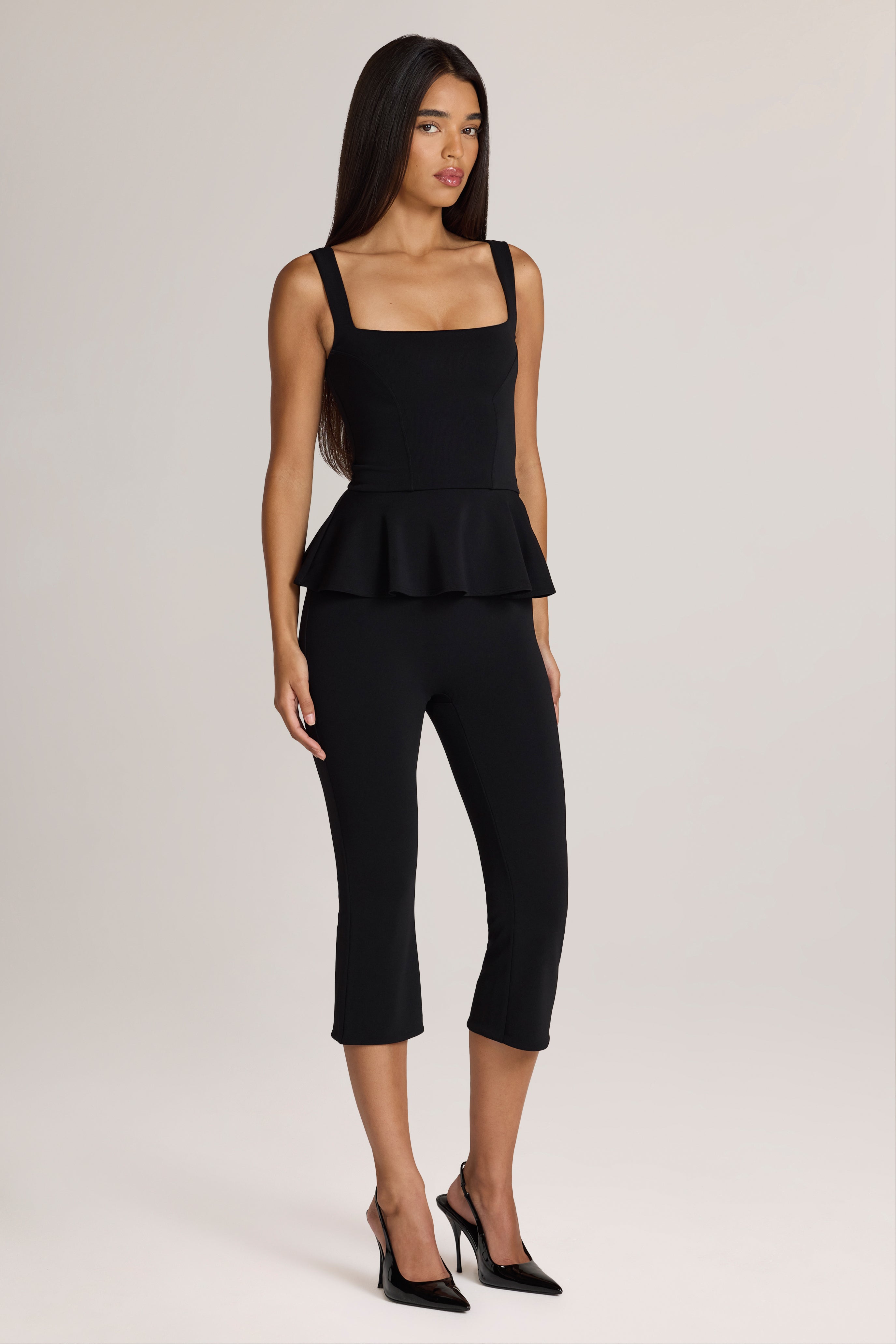 Oh Polly Geona Ponte Pantalon capri noir micro-évasé