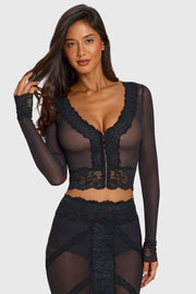 Oh Polly Knitwear Valeria gilet crop noir dentelle mesh