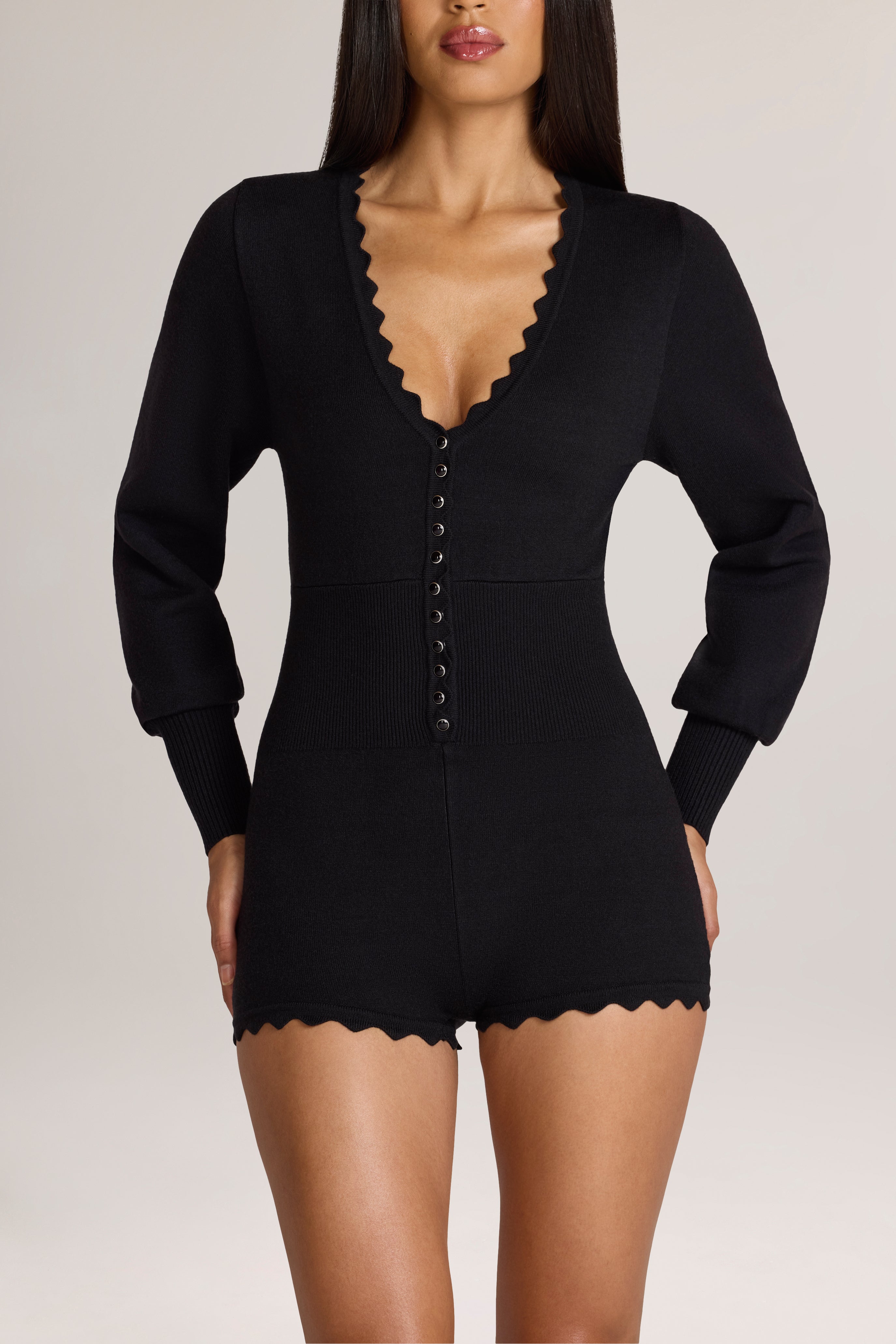 Oh Polly Myla combishort maille noire manches longues