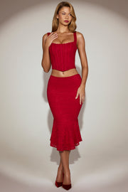 Oh Polly Coral jupe midi rouge dentelle évasée