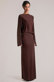 Oh Polly Dresses 15917 robe maxi marron chocolat drapée