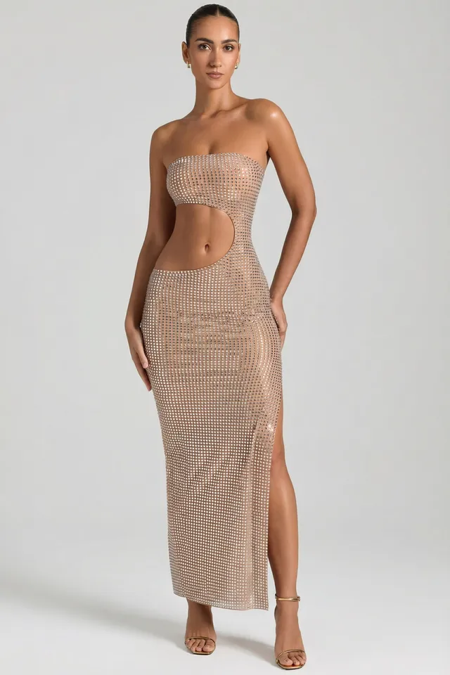 Oh Polly Alamea robe maxi miel bustier strass fendue
