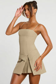 Oh Polly Bruna Mini Robe Taupe - Robe Portefeuille Plissée Twill