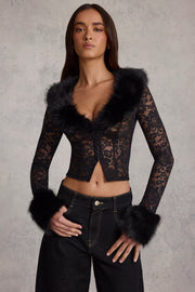 Oh Polly Noemy Sheer Lace Cardigan dentelle noir col fourrure court