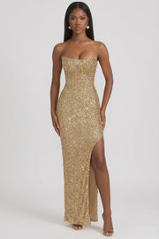 Oh Polly Embellished Kaleena robe corset dorée sequins fente