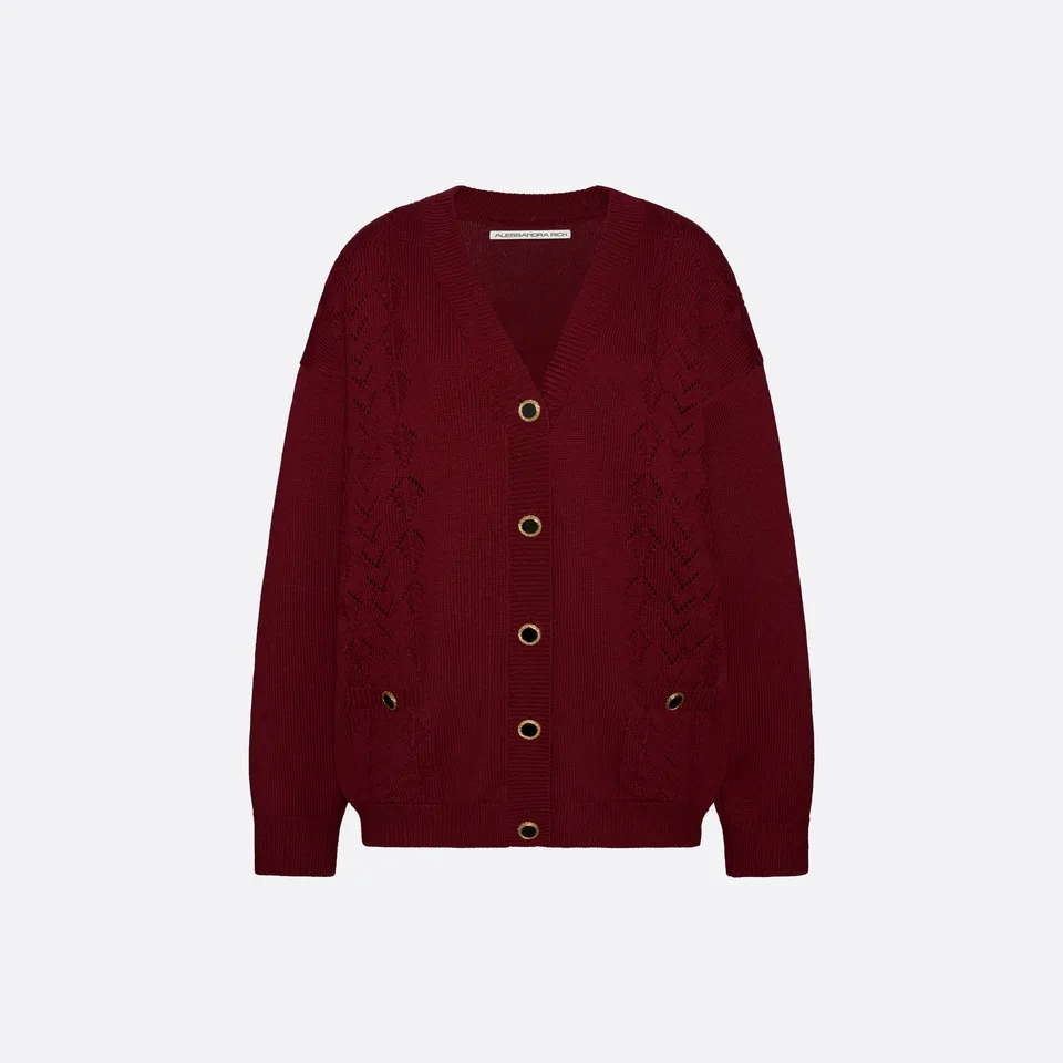 Alessandra Rich Merino Wool cardigan laine bordeaux taille 40