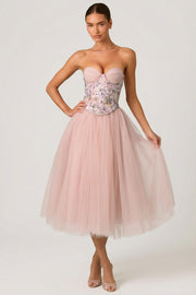 Oh Polly Cindy robe tulle corset rose poudré midaxi