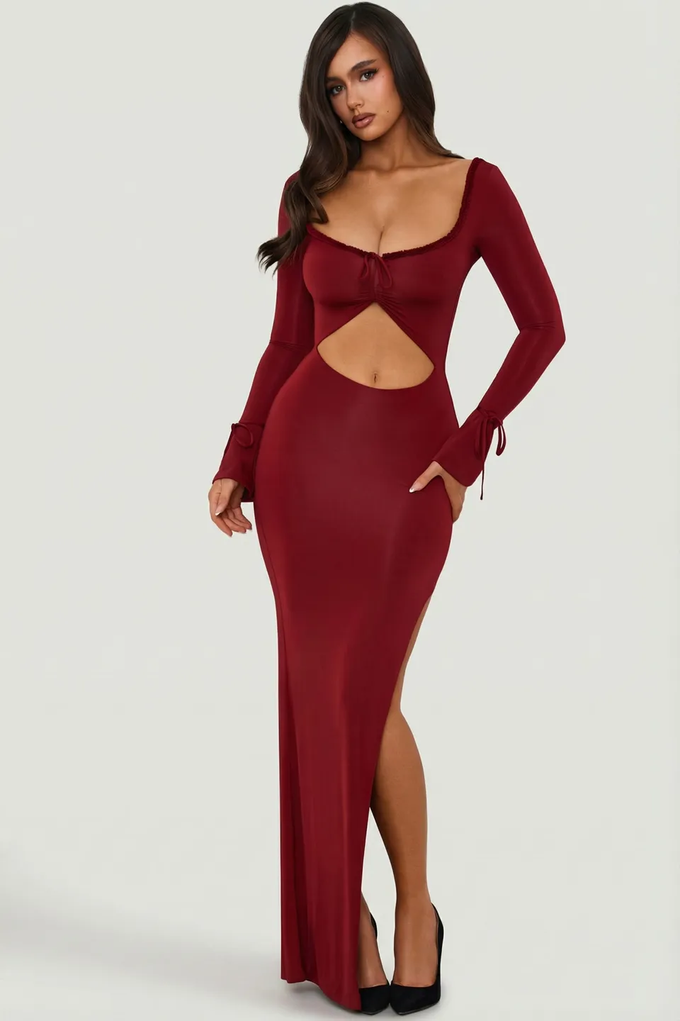 Oh Polly 10935 robe maxi rouge découpe volants