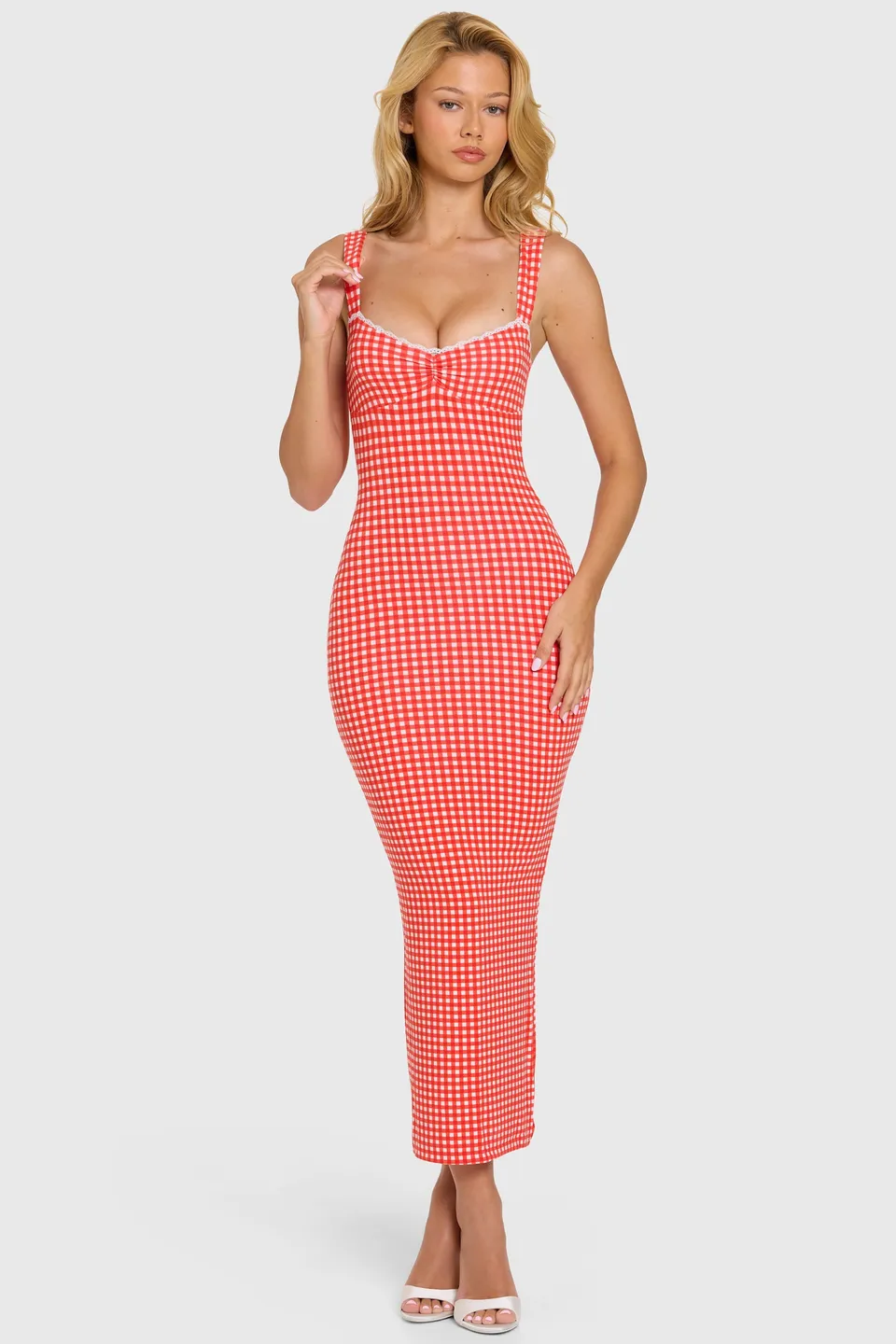 Oh Polly Dresses robe midaxi rouge vichy Lorie modal