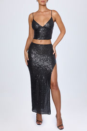 Oh Polly Danica jupe maxi noire sequins fendue