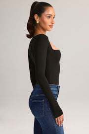 Oh Polly Kaia top col carré noir manches longues