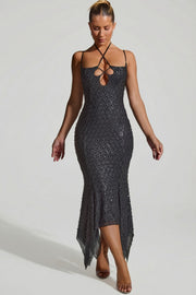 Oh Polly Josephine Robe Midaxi Noire strass asymétrique