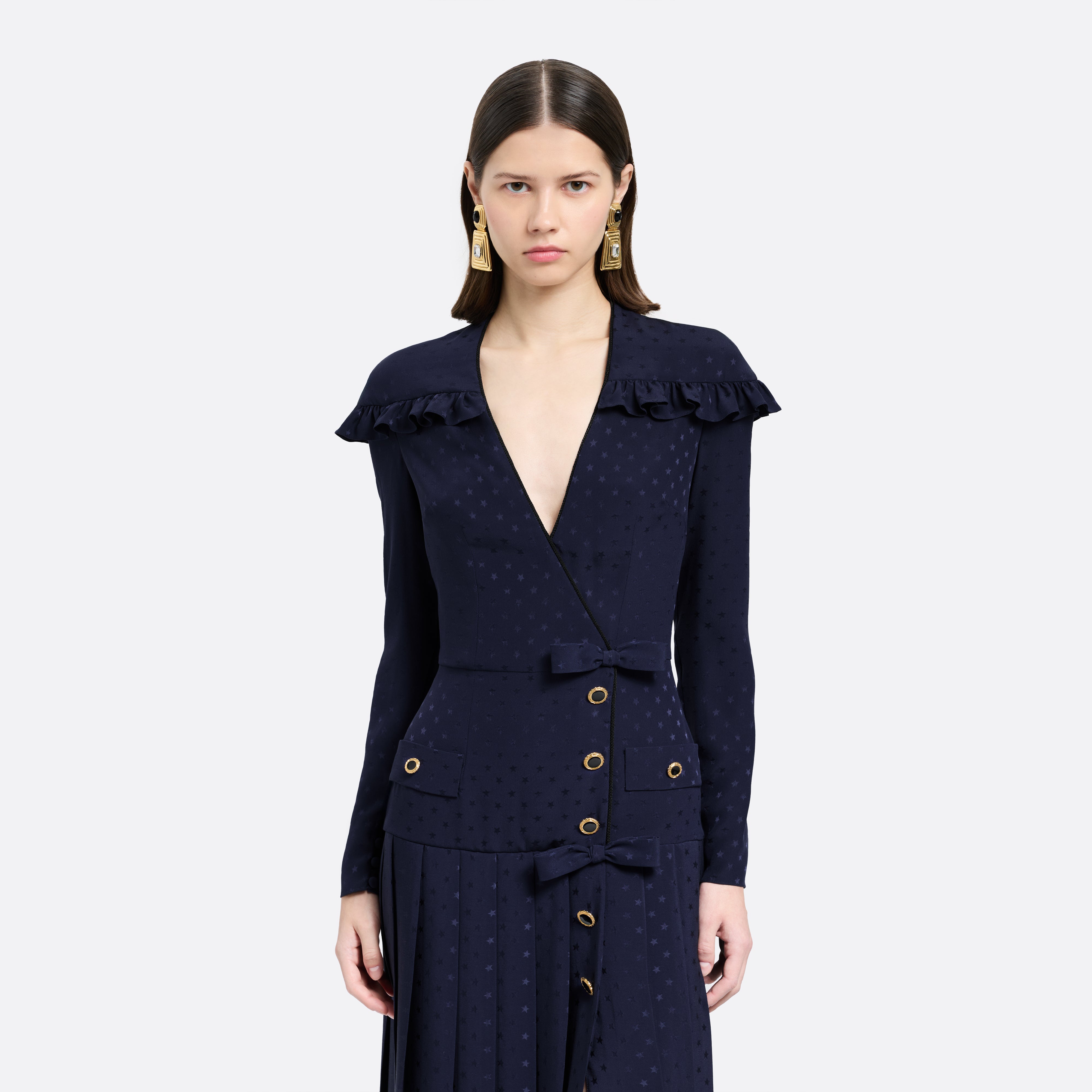 Alessandra Rich Silk Jacquard robe midi bleu marine 40