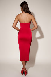 Oh Polly Ismay robe midi rouge satin licou bodycon