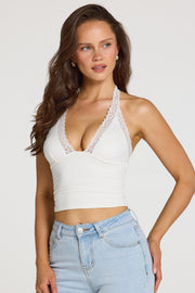 Oh Polly Opal Crop Top Blanc Dentelle Col Licou Dos Nu
