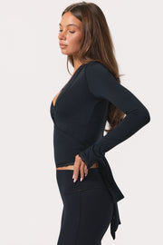 Oh Polly Tops Wrap Top Noir jersey col V dentelle