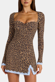 Oh Polly Luella Mini Robe Léopard Manches Longues Modal