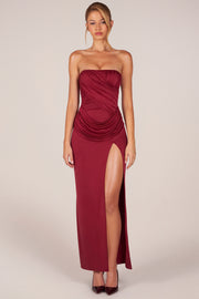 Oh Polly Dresses Robe Bandeau Bordeaux Fente Drapée