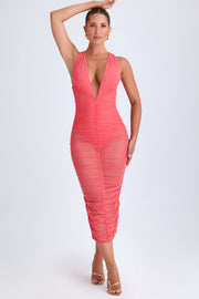 Oh Polly Safira Robe Midaxi Plongeante Corail Ruchée Mesh