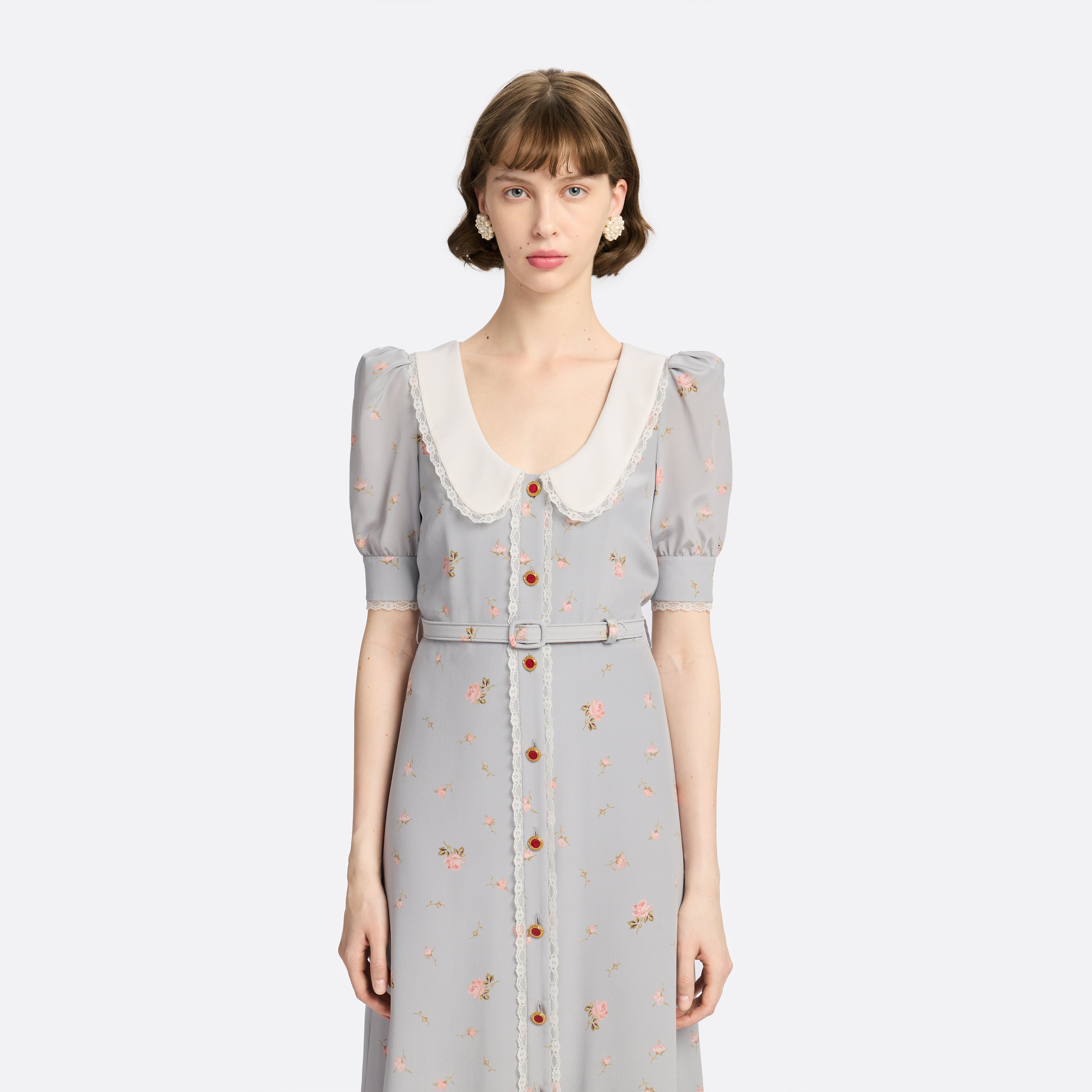 Alessandra Rich Floral Silk Midi robe soie gris rose taille 40