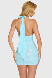 Oh Polly Isela Robe mini aqua à sequins floraux